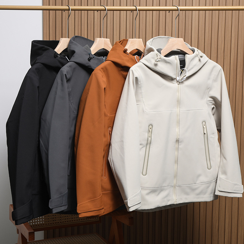 Replacement Men's Full-Glue Process Anti-Peaks and Water-Repellent Warm Fleece-Lined Soft Shell Loose Hooded Jacket