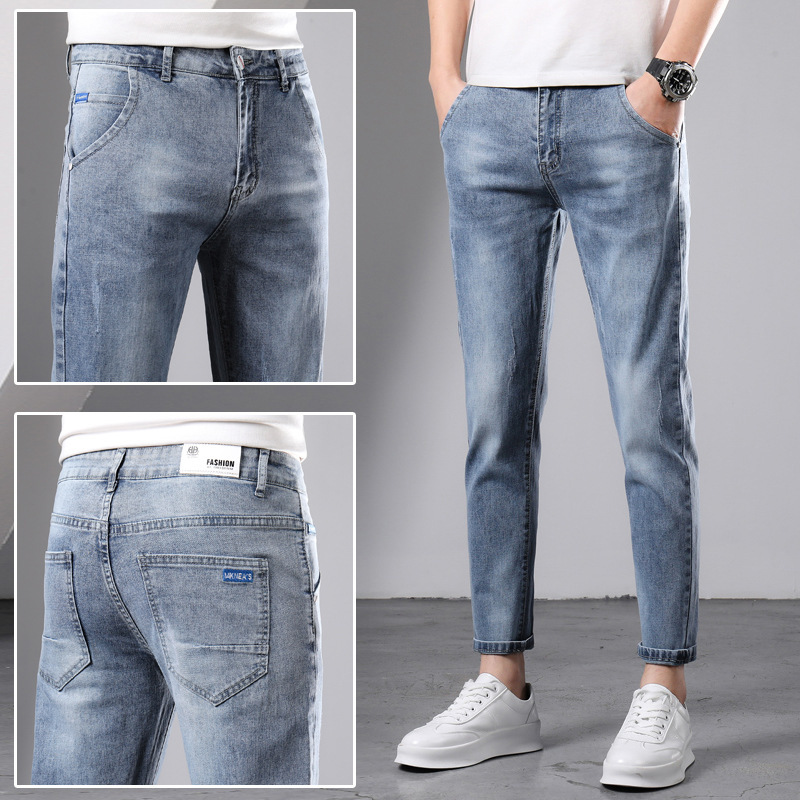 Spring New Men's Slim-Fit Skinny Jeans, Youth Trendy Versatile Blue Stretch Cropped Pants