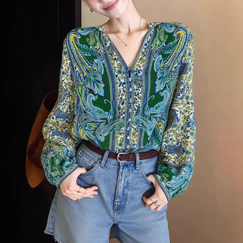 2026 Summer European Hot-Selling Luxury Fashion Youthful and Stylish Unique Exquisite Beautiful Green Printed Shirt for Women 2026 Summer European Hot-Selling Luxury Fashion Youthful and Stylish Unique Exquisite Beautiful Green Printed Shirt for Women