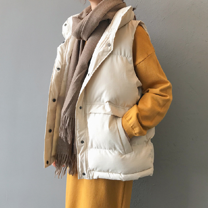 Chaleco de plumón para estudiantes, estilo coreano, corte holgado, chaqueta corta acolchada de otoño-invierno 2025 con cuello vuelto.