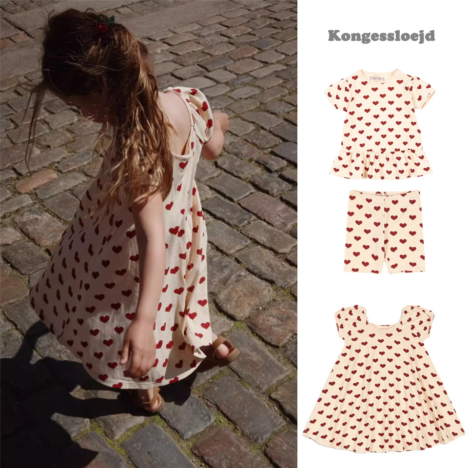 Spot 25 New Summer Girls' Clothing Ks Full of Heart Series Short-Sleeved Tops Cycling Pants Suit Casual Dress