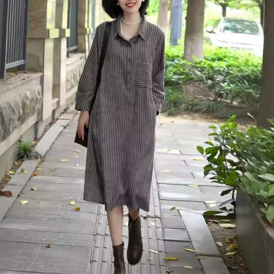 Хлопково-льняное платье-рубашка для женщин, осень 2025, новинка, повседневное, в полоску, с завязками, стройнящее, с длинным рукавом