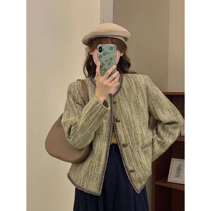 拉美德粗花呢绿色小香风外套女短款2025年早秋新款设计感小众上衣|undefined