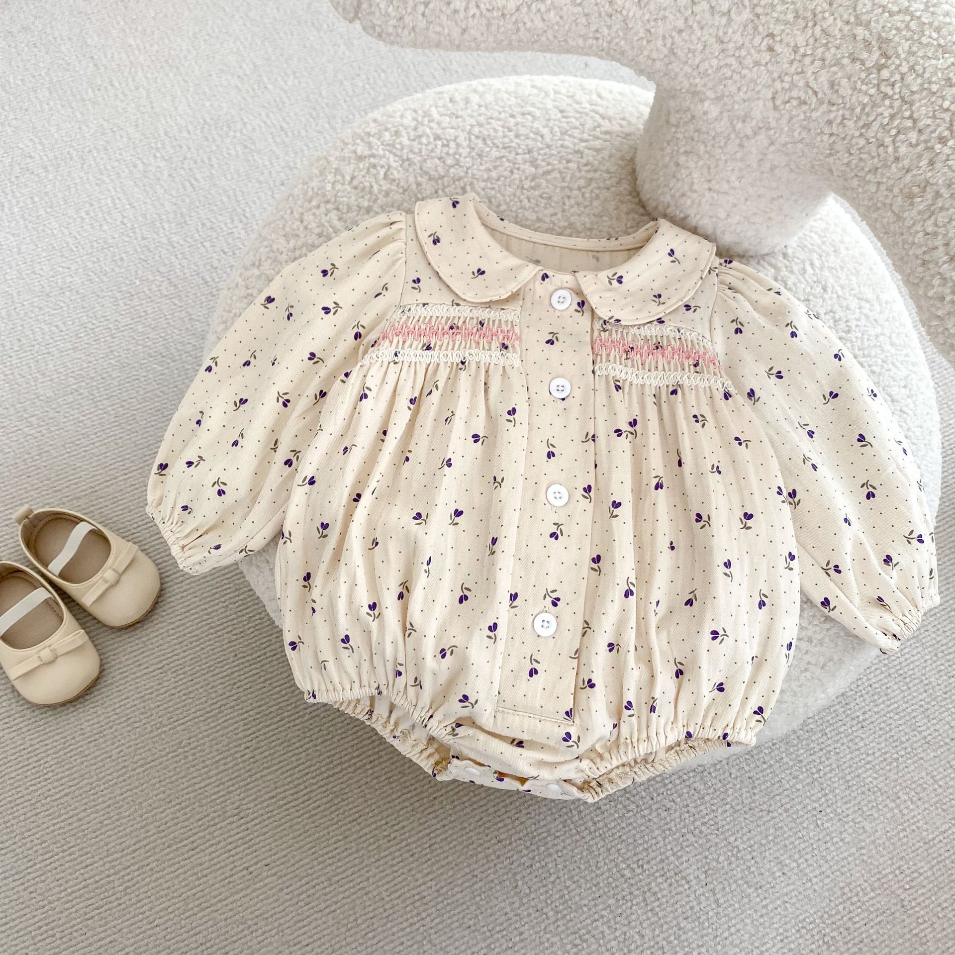 Cotton children's clothing 2024 autumn new item for infants and young girls, long sleeved khaki, wavelet dot flower_voghion.com