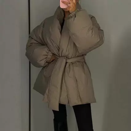 2025欧美跨境棉服系带复古纯色短款加厚面包服棉袄ins保暖外套女