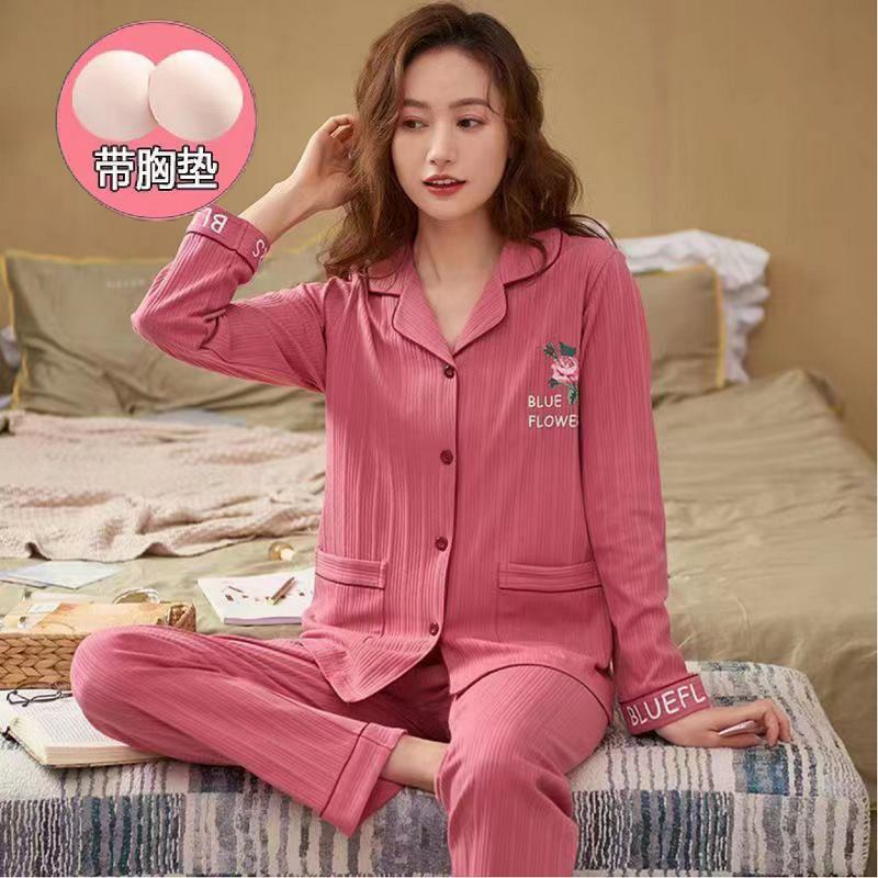 Otoño 100% pijamas de algodón puro para mujeres primavera y otoño con almohadilla en el pecho anti-Bump pantalones de manga larga ropa de abrigo de alta gama homewear
