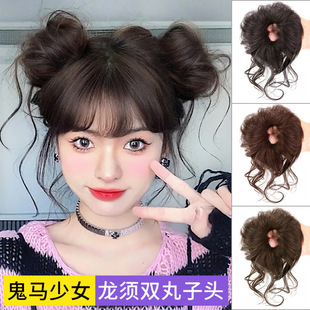 Dragon must double ball head wig simulation hair fluffy lazy hair package cute girl long beard flower bud coil hair ring