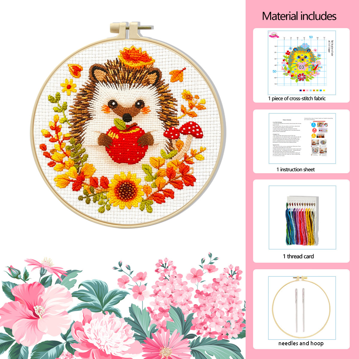 Pequeño erizo que come manzanas - paquete de materiales + 20 cm de erizo 1 pc