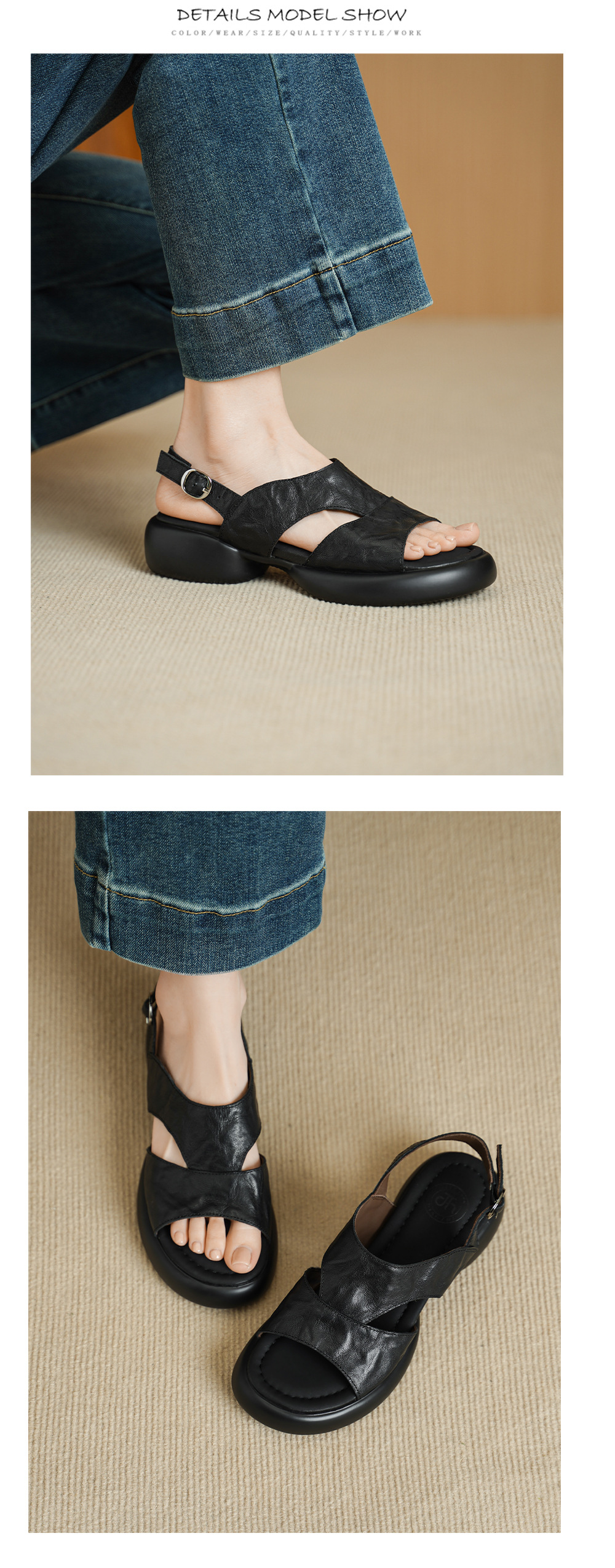 Sandal nữ hở mũi đế dày 4 cm da cừu quai chữ T khóa — màu nâu chi tiết 9