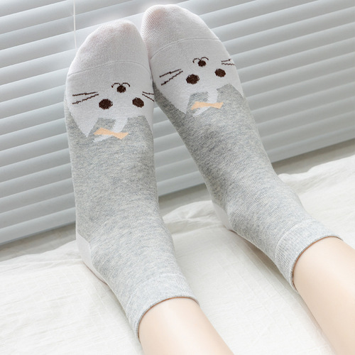2026 new spring and summer women's Korean style cotton tube socks, kitten face, cute ins, trendy sports boat socks