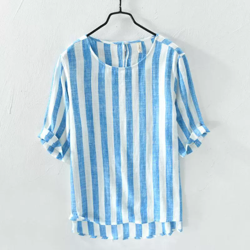 763 трендовая Универсальная футболка-рубашка мужская повседневная льняная рубашка в полоску с коротким рукавом Мужская (с учетом ассортимента)