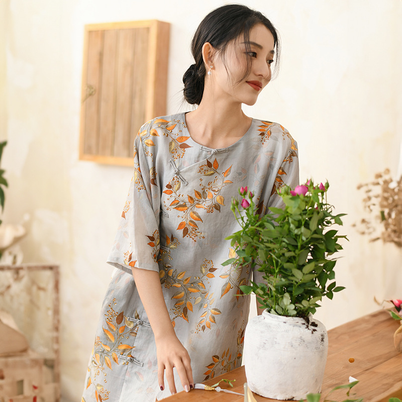Cotton and Linen Women's New 2025 Spring and Summer New Chinese dress Women's Ramie Vintage Improved Cheongsam Dress Floral Long Dress