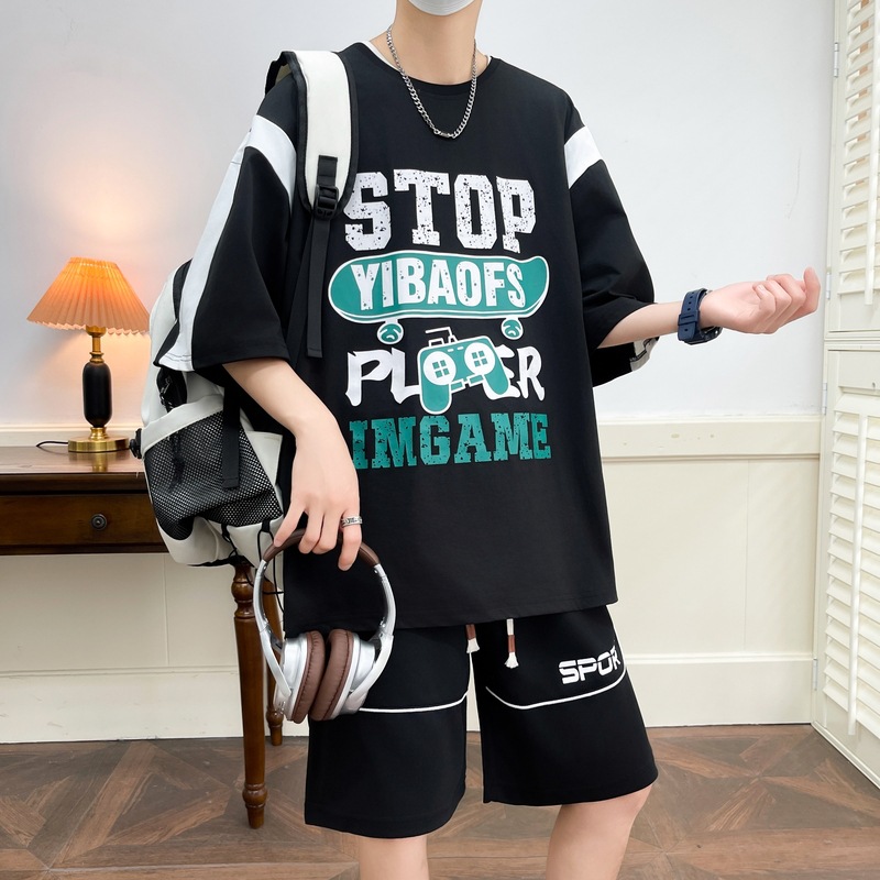 2025 verano camiseta de manga corta hombre relajado diario casual set de manga de cinco partes de moda japonesa fresca