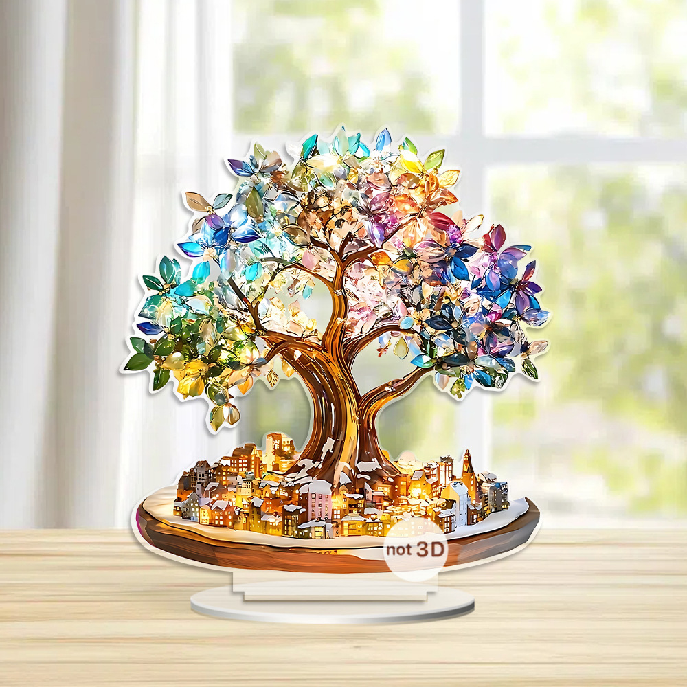 创意梦幻彩色生命树小镇2D平面亚克力玄关桌面家居客厅装饰品摆件