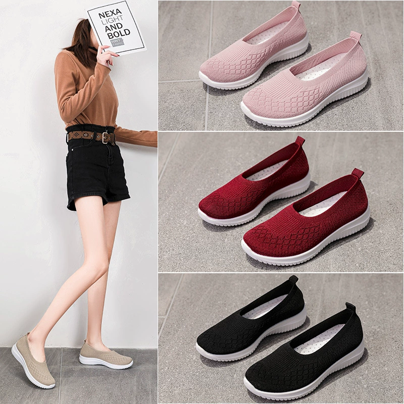 Новые мягкие и удобные повседневные туфли на низком каблуке с круглым носком для женщин, подходящие для весны и лета, легко сочетающиеся с повседневной обувью, большие размеры, дышащие женские туфли из трикотажной ткани.