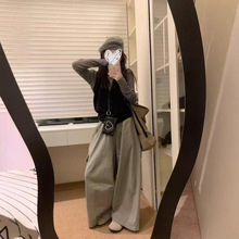 韩系穿搭灰色针织衫挂脖吊带水洗工装休闲裤女2025秋季新款套装潮