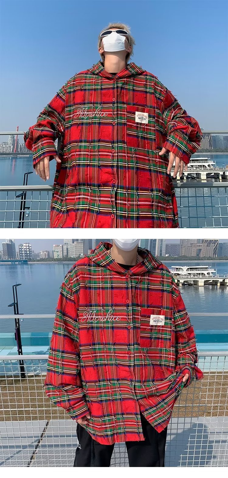 Camicia a maniche lunghe da uomo, a quadri rossi, per uomo e donna, primavera, autunno, comoda e consumata, con cappuccio opaco_voghion.com