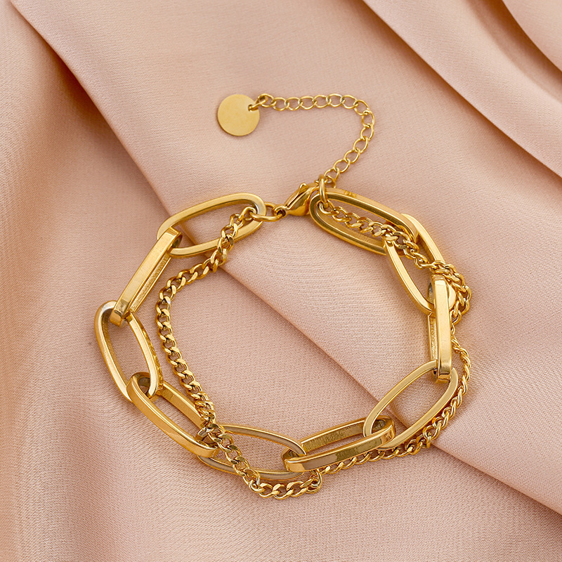 Yunyao Thick Chain Double-Layer Bracelet for Women, Titanium Steel 18K Gold Electroplated Anti-Fading Hand Jewelry, European and American Style Fashion Hot-Selling Yunyao Thick Chain Double-Layer Bracelet for Women, Titanium Steel 18K Gold Electroplated Anti-Fading Hand Jewelry, European and American Style Fashion Hot-Selling