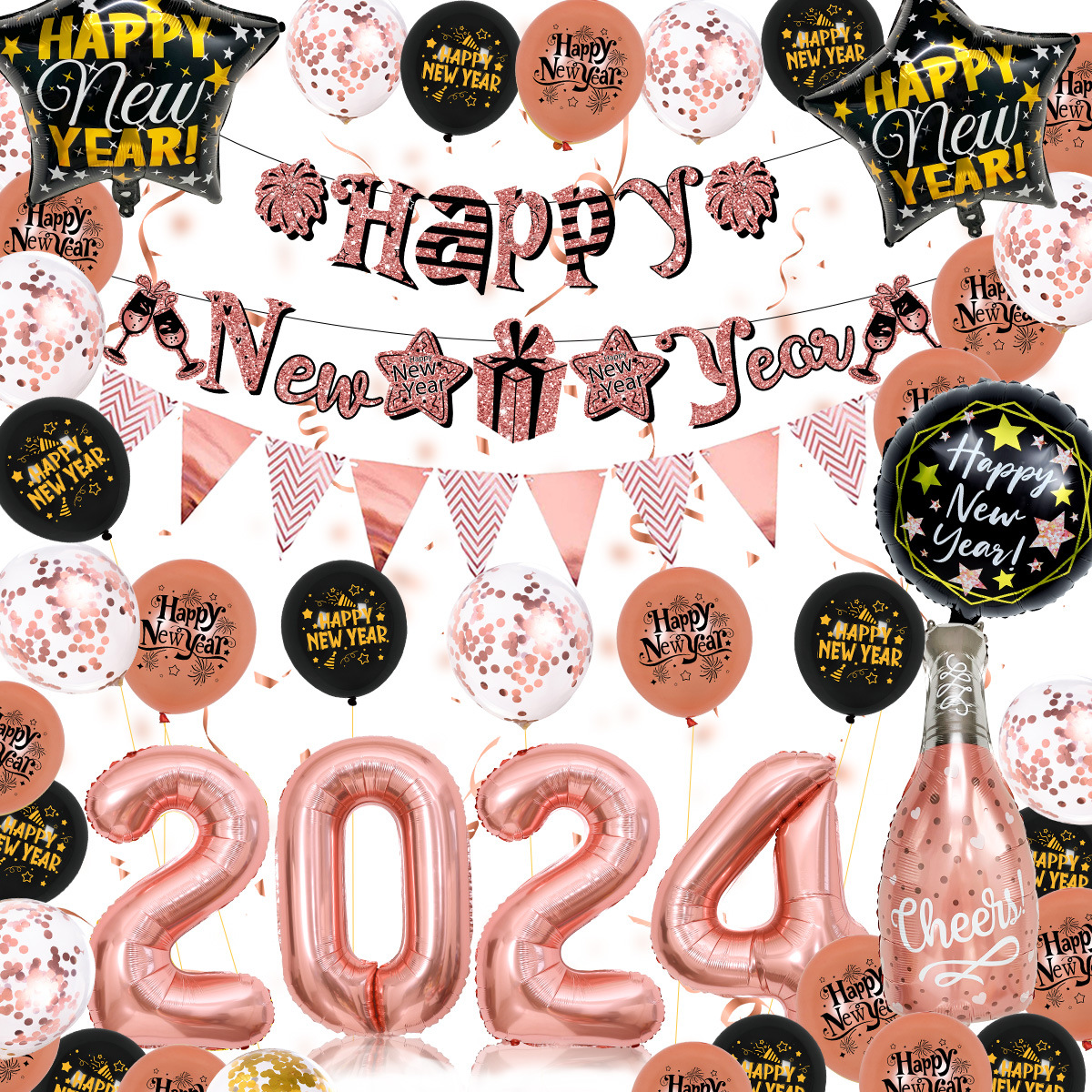 新年氣球 裝飾氣球 跨境2024新年派對裝飾布置鋁膜氣球套裝批發
