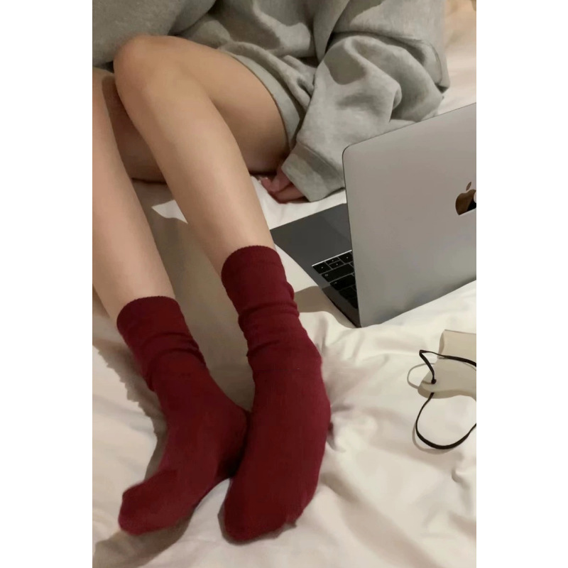 "Raspberry" Burgundy Gray Socks for Women, Mid-Calf Slouch Socks, Solid Color, Versatile, All-Season, College Style, Sweat-Absorbent