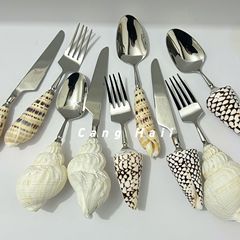 天然サザエ貝殻食器304ステンレススプーン洋食コーヒー手作り海洋風フォーク対外貿易