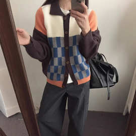 【垛襟】24冬濮院韩国东大门复古拼色格子翻领针织开衫女宽