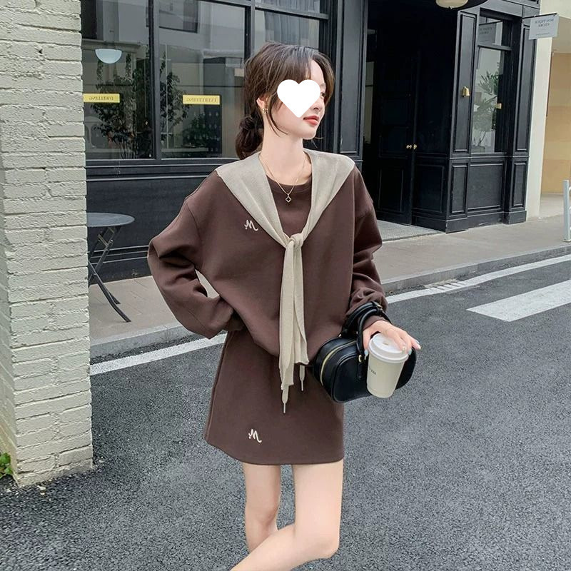可盐可甜披肩卫衣套装裙女2025秋新款韩系设计感圆领上衣显瘦短裙|undefined