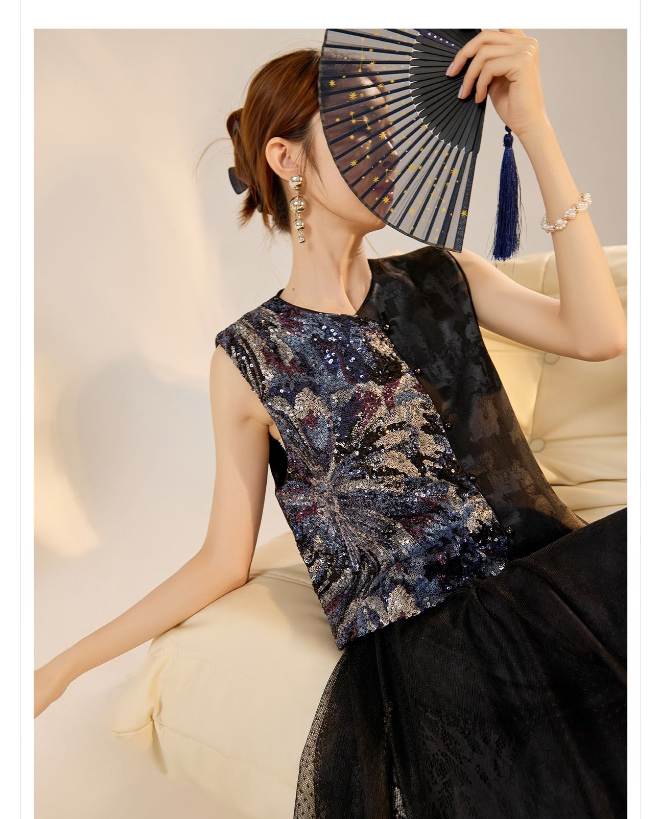 Áo vest nữ phong cách Trung Hoa mới 2026, thiết kế thêu sequin, chất rayon sang trọng — Đen, Màu huyền ảo, Xanh lam chi tiết 28