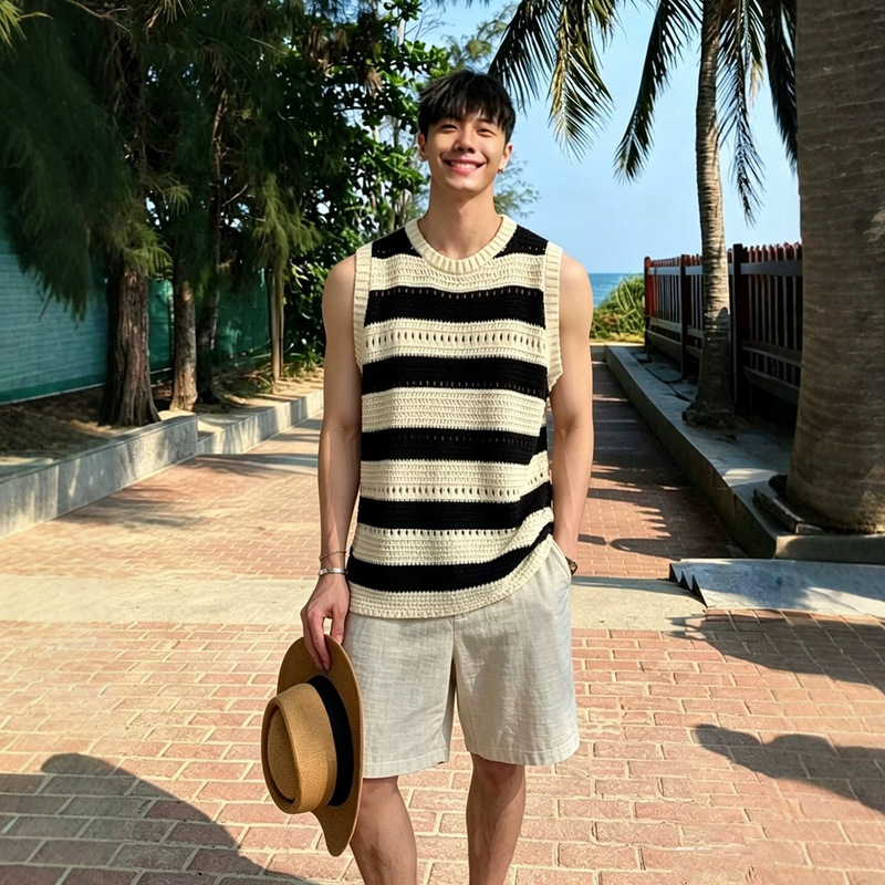 Hollow-Out Knitted Striped Vest for Men, Summer Vacation Style, Sleeveless T-Shirt, Relaxed and Breathable Tank Top