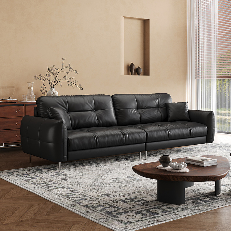 Medieval Style Brooklyn Waxed Leather Sofa American Retro Small Living Room Straight Three-Seat Leather Sofa
