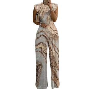 product - wholesale Women Clothing Printed Lace Stitching Sleeveless round Neck Loose Casual Jumpsuit Trousers - 4