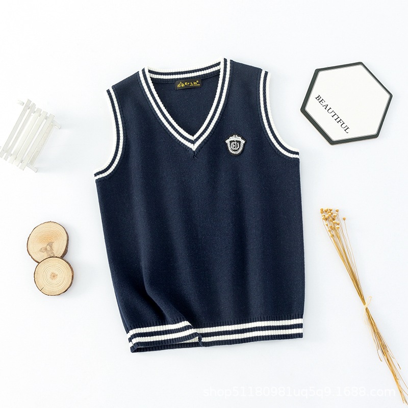 Chaleco de punto estilo universitario coreano para niños, primavera y otoño 2025, chaleco de algodón con cuello en V para niños, suéter para estudiantes de primaria, venta al por mayor.