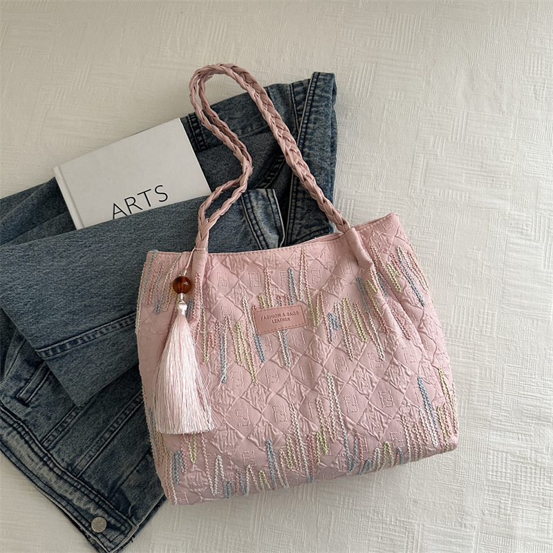 Bolsa de lona bordada a rayas de gran capacidad para mujeres 2024, nueva bolsa de hombro para estudiantes universitarios de clase