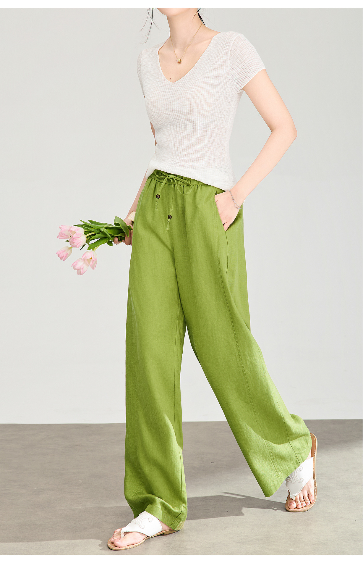 Quần culottes nữ ống rộng chất liệu linen phối lụa, cạp chun rút dây, dáng suông mềm mại — màu xanh táo chi tiết 13