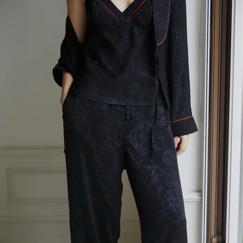 Silk Satin Cotton Three-Piece Home Clothes Cardigan Silky Sexy Slip Skirt French Bride's Tight Waist Nightgown Women's Pajamas