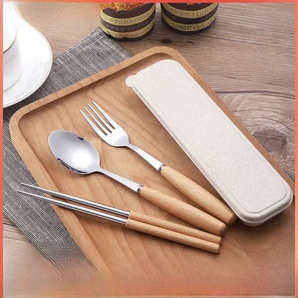 Japanese-style wooden handle tableware stainless steel spoon Fork chopsticks three-piece set student Outdoor gift portable tableware set