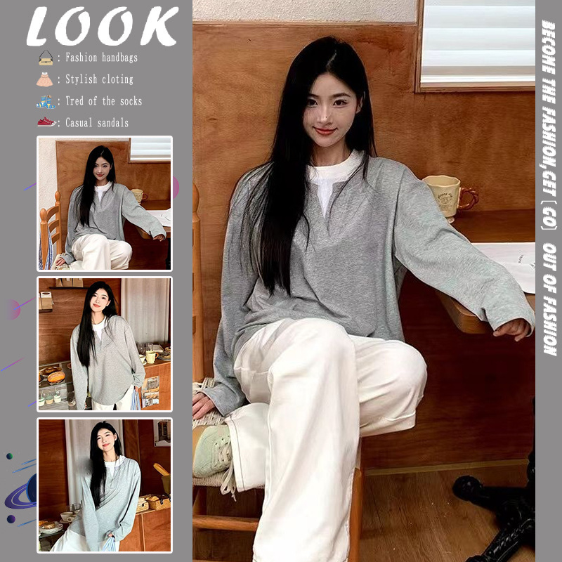 2025 New Autum Fake Two-Piece Sweatshirt Long-Sleeved Pure Color Design Niche Loose Casual Simple Versatile Top 2025 New Autum Fake Two-Piece Sweatshirt Long-Sleeved Pure Color Design Niche Loose Casual Simple Versatile Top