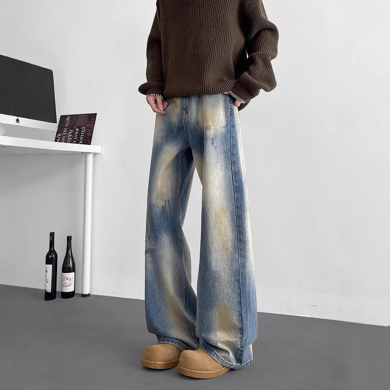 American-style High Street Vibe Washed Jeans Men's Retro Wear Dirty Dye Wide Leg Pants Loose Straight Micro Trousers