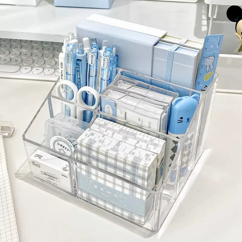 Acrylic Pen Holder Organizer, Square Clear Desk Storage Box, Multi-Compartment 3–5 Grid