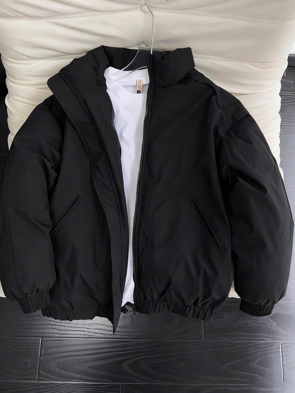 Black American-Style Flight Jacket Cotton Coat for Men, Winter Cleanfit Three-Proof Thickened Puffer Jacket with Stand Collar