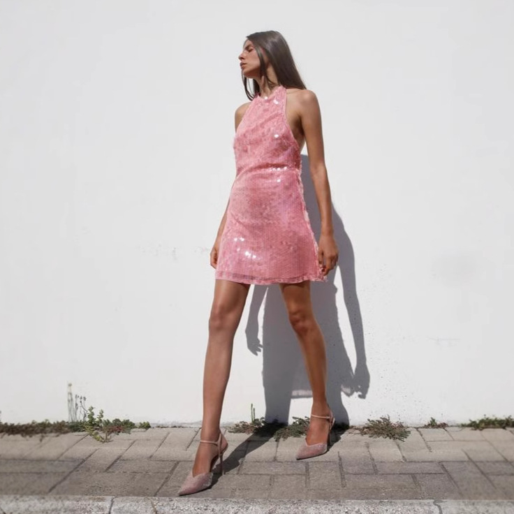 2025 Summer New American Style Hot Girl Style Pink Bead Sexy Backless Neck Sleeveless dress