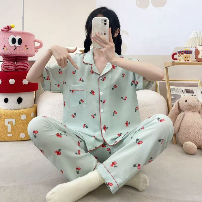Vietnam transfronterizo al por mayor pijamas de verano para mujer, pantalones frescos de manga corta, cárdigan estampado, servicio a domicilio, dos trajes