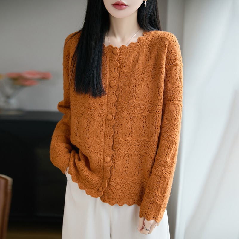 2026 Spring and Summer New Style Cotton Lace Round Neck Knitted Cardigan Long-Sleeved Women's Cut Out Loose Pure Color Top Jacket