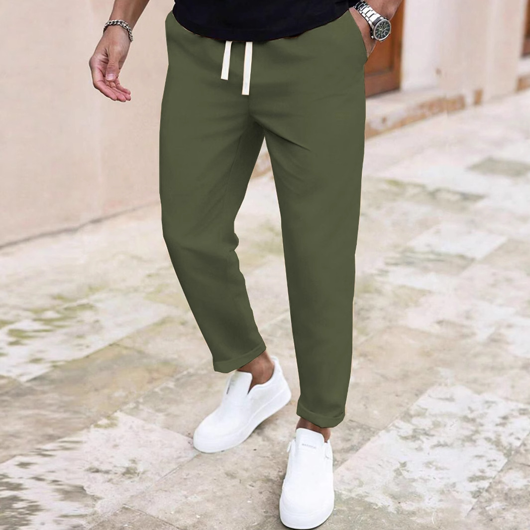 "Men's Slim Fit Casual Pants - Solid Color Drawstring Waist, Lightweight Polyester For Everyday Comfort & Street Style"_viptrois.com