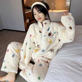 可爱卡通狗狗拉链开衫珊瑚绒睡衣女冬季加绒加厚可外穿家居服套装