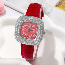 新款方殼皮帶鑲鑽女士石英手表 數字羅馬水鑽刻度 滿天星 銀色殼