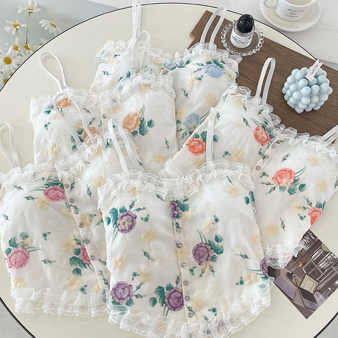 Floral Sweet Lace Small Camisole Girls' Rose Printed Flower One-Piece Comfortable Breathable Tube Top