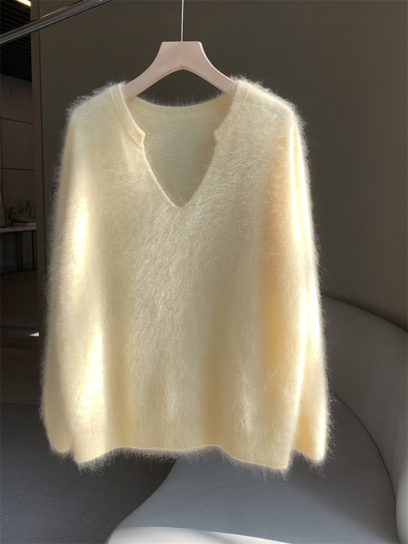 Vêtements pour femmes Pull en mohair jaune d'oie fufu au lait doux pour femme automne et hiver style paresseux pull en polaire de vison doux et de haute qualité_voghion.com