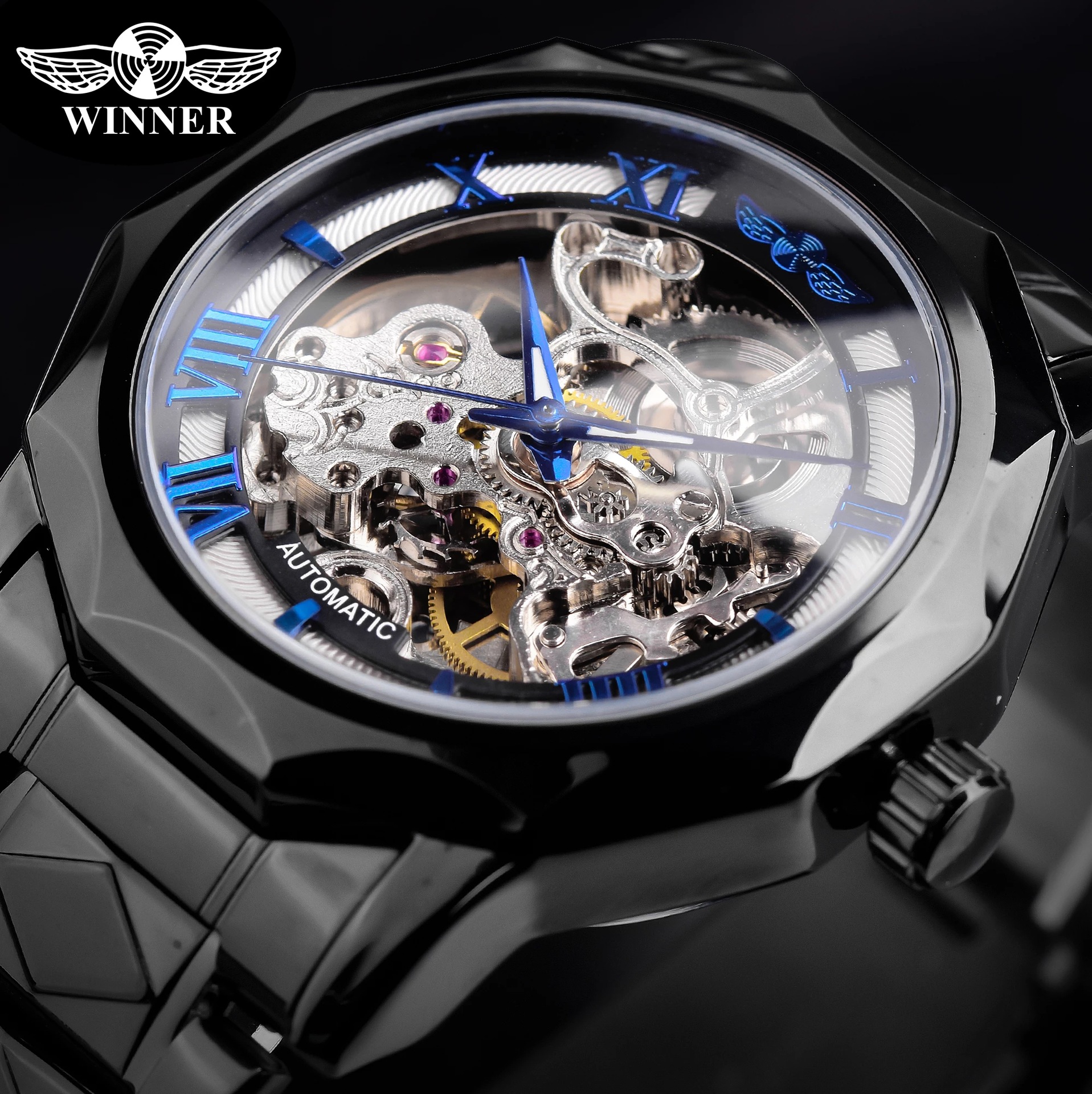 Nuevo ganador de polígono europeo y americano reloj mecánico de los hombres moda casual hueco de fondo transparente reloj automático