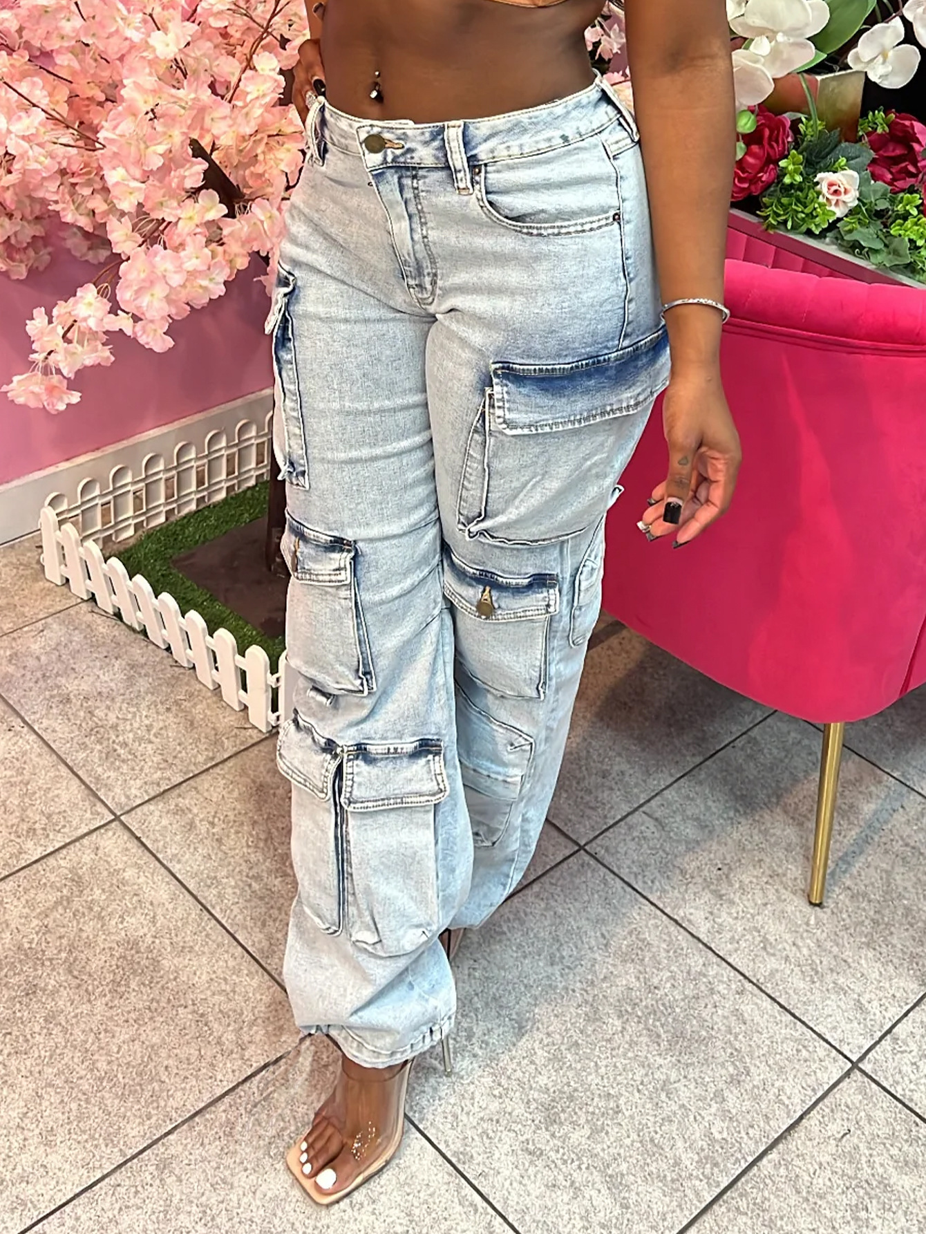 Women’s High-Waisted Distressed Cargo Jeans – Stretch Denim Pants With Utility Pockets (S-XL, Light Blue)_mkmklike.com